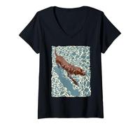 Donna Vintage Chocolate Lab nuoto Summer Dog Design Maglietta con Collo a V