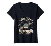 Donna Vintage Christian Scripture Vinile Record Neemia 8:10 Gioia Maglietta con Collo a V