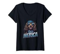 Donna Vintage Cocker Spaniel 4 luglio Merica Maglietta con Collo a V