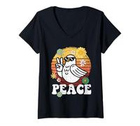 Donna Vintage Colomba Pace Piccione Segno della Pace Hippie Groovy 60 s 70 s Maglietta con Collo a V