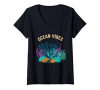 Donna Vintage Coral Marine Beach Reef Estetica Ocean Life Maglietta con Collo a V