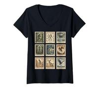 Donna Vintage Cryptid Francobolli Bigfoot Yeti Mothman Thunderbird Maglietta con Collo a V