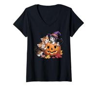 Donna Vintage Cute Cat Zucca Halloween Spooky Stagione Amanti dei Gatti Maglietta con Collo a V