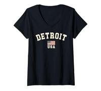 Donna Vintage Detroit USA Bandiera Americana Michigan Souvenir Retro Maglietta con Collo a V