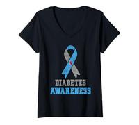 Donna Vintage Diabetes Awareness Blue And Grey Ribbon Maglietta con Collo a V