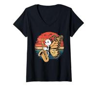 Donna Vintage Farfalla Suonare Sassofono Jazz Sax Musicista Saxoph Maglietta con Collo a V