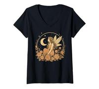 Donna Vintage Fata Fiore Foresta Cottagecore Luna Fantasy Art Maglietta con Collo a V
