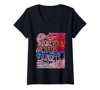 Donna Vintage Forever Chasing Tramonti Hawaii Spiaggia Vacanza Estiva Maglietta con Collo a V