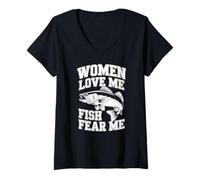 Donna Vintage Funny Fisherman Donne Love Me Fish Fear Me Fishing Maglietta con Collo a V