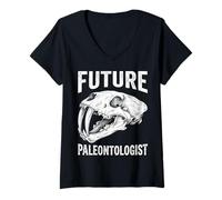 Donna Vintage Future Paleontologo Sabertooth Skull Preistorico Maglietta con Collo a V
