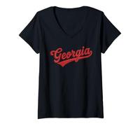 Donna Vintage Georgia Script Classic Embroidered Style Maglietta con Collo a V