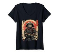 Donna Vintage Giapponese Arte Anime Grafica Samurai Guerriero Capybara Maglietta con Collo a V