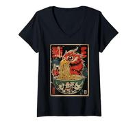 Donna Vintage Giapponese Phoenix Ramen Noodle Eater Ukiyo-e Art Maglietta con Collo a V