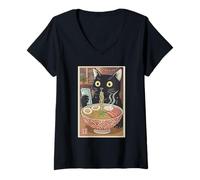 Donna Vintage Giapponese Ramen Gatto Mangiare Tagliatelle Anime Style Art Maglietta con Collo a V
