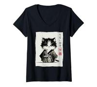 Donna Vintage Giapponese Sumi-e Fluffy Samurai Cat Cool Looking Art Maglietta con Collo a V
