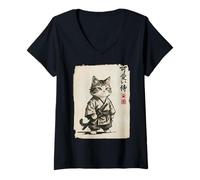 Donna Vintage Giapponese Sumi-e Samurai Cool Looking Cat Art Maglietta con Collo a V