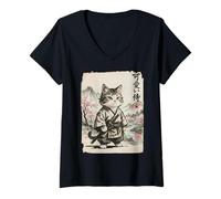 Donna Vintage Giapponese Sumi-e Samurai Cool Looking Cat Art Maglietta con Collo a V