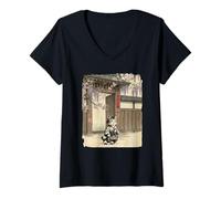 Donna Vintage Giapponese Sumi-e Samurai Cool Looking Cat Art Maglietta con Collo a V