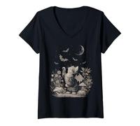 Donna Vintage Halloween Cat Bat Wings Fall Cute Fairycore Graphic Maglietta con Collo a V