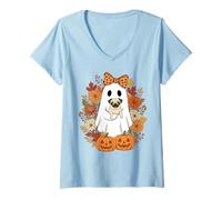 Donna Vintage Halloween Ghost Holding Pug Groovy Floral Maglietta con Collo a V