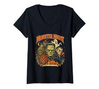 Donna Vintage Halloween Mostro Notte Horror Creature infestato Divertimento Maglietta con Collo a V