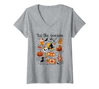 Donna Vintage Halloween Patchwork Autunno Scarabocchi 'Tis la Stagione Maglietta con Collo a V