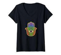 Donna Vintage Hamsa mano occhio di Dio simbolo di protezione Maglietta con Collo a V