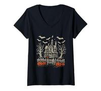 Donna Vintage Haunted Creepy Casa Halloween Spettrale Zucca Maglietta con Collo a V