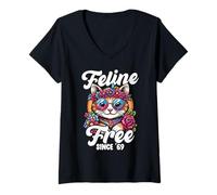 Donna Vintage Hippie Cat Psichedelico Groovy 70s Maglietta con Collo a V