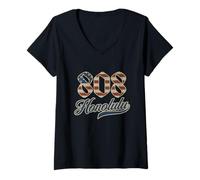 Donna Vintage Honolulu 808 Codice Area Patriot USA Bandiera Americana Maglietta con Collo a V