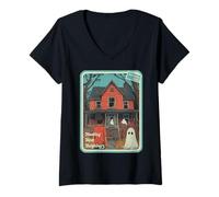 Donna Vintage Horror Halloween Retro Incontro Nuovi Vicini Maglietta con Collo a V