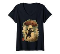Donna Vintage Japanese Cat UFO Abduction Cat Mom Dad Ukiyo-e Maglietta con Collo a V