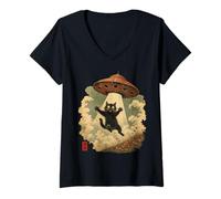Donna Vintage Japanese Cat UFO Abduction Cat Mom Dad Ukiyo-e Maglietta con Collo a V