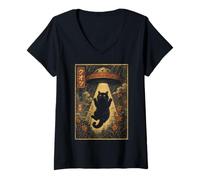 Donna Vintage Japanese Cat UFO Abduction Ukiyo-e Alien Cat Maglietta con Collo a V