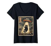 Donna Vintage Japanese Cat UFO Abduction Ukiyo-e Alien Cat Maglietta con Collo a V