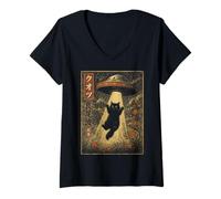Donna Vintage Japanese Cat UFO Abduction Ukiyo-e Alien Cat Maglietta con Collo a V