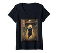 Donna Vintage Japanese Cat UFO Abduction Ukiyo-e Alien Cat Maglietta con Collo a V
