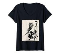 Donna Vintage Japanese Raccoon Samurai Graphic Maglietta con Collo a V