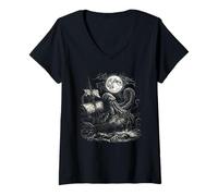 Donna Vintage Kraken Attaccando Pirata Nave Mostro Nautico Tee Maglietta con Collo a V