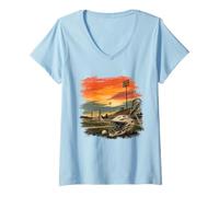 Donna Vintage Lacrosse Campo Tramonto Giocatore Gioco Maglietta con Collo a V