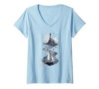 Donna Vintage Lighthouse Sailboat Nautical Ocean Sailing Maglietta con Collo a V