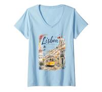 Donna Vintage Lisbona Città Portogallo Tram Acquerello Viaggio Souvenir Maglietta con Collo a V