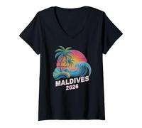 Donna Vintage Maldive 2026 Viaggio Spiaggia Vacay Ragazze Cugine Maglietta con Collo a V