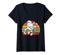 Donna Vintage Manakin Uccello Foglie Illustrazione Retrò Estetica Maglietta con Collo a V