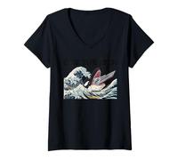 Donna Vintage Mangiare Il Ricco Ukiyo-e Kanagawa Onda Ocean Amanti Maglietta con Collo a V