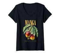 Donna Vintage Mango Tropical Flavor Organic Fruit Arte Botanica Maglietta con Collo a V