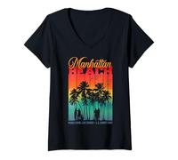 Donna Vintage Manhattan Beach La County Retro Sunset Surf Vibes Maglietta con Collo a V