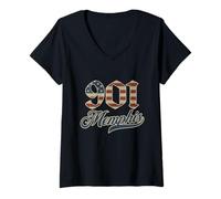Donna Vintage Memphis 901 Codice Area Patriot USA Bandiera Americana Maglietta con Collo a V