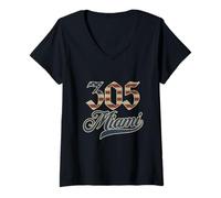 Donna Vintage Miami 305 Codice Area Patriot USA Bandiera Americana Maglietta con Collo a V