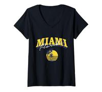 Donna Vintage Miami Florida Palma Tramonto Maglietta con Collo a V